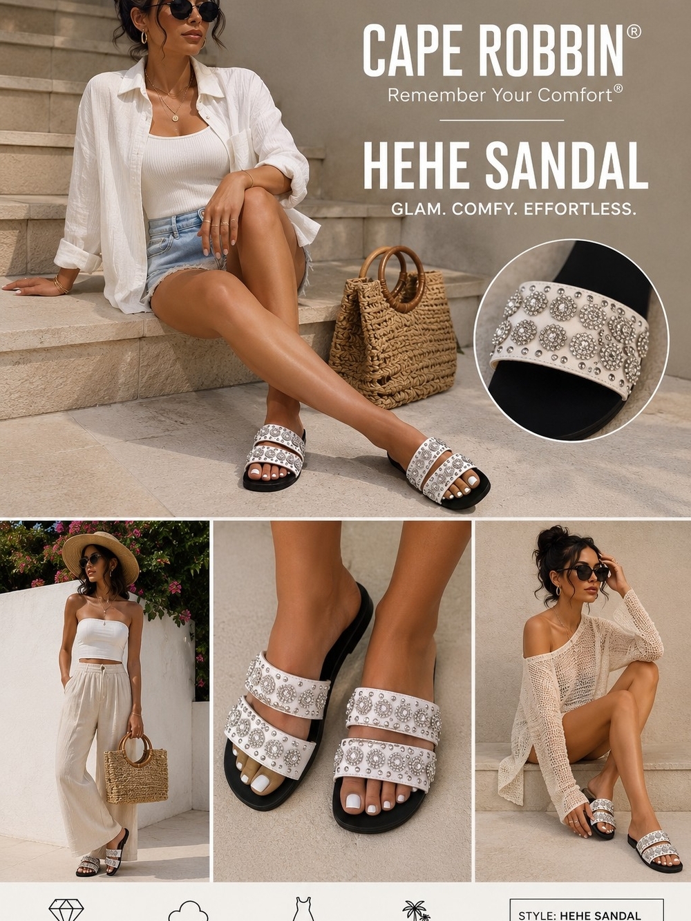 NWT Cape Robbin “Hehe” White Rhinestone Studded Slide Sandals | Glam Slip-On